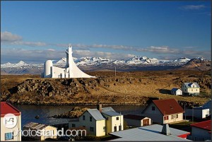 Stykkisolmur village and modern church, Snaefellsnes peninsula, Iceland